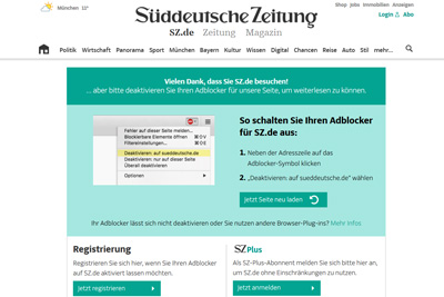 Screenshot: SZ gegen Werbeblocker